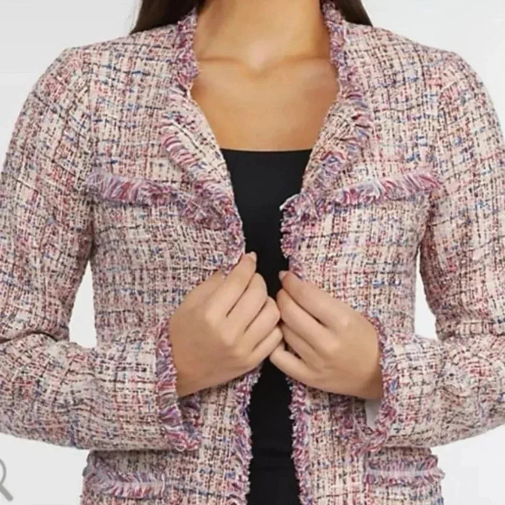 Laundry By Shelli Segal - Boucle Knit Textured Fringe Trim Jacket - Size Medium - Picture 2 of 10